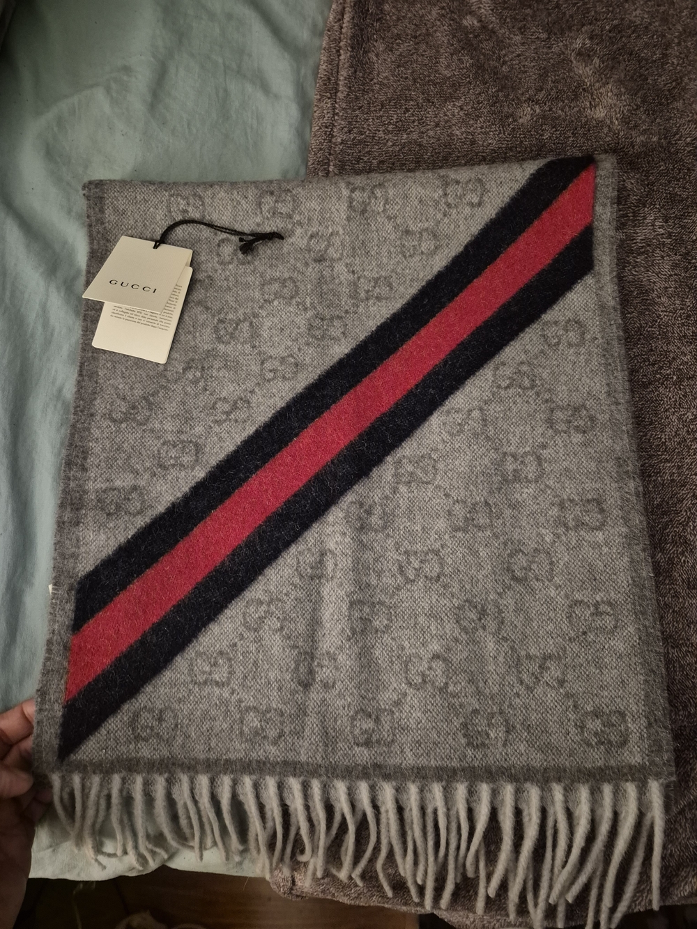Gucci Gray Wool Scarf with Red & Navy Stripe